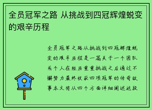 全员冠军之路 从挑战到四冠辉煌蜕变的艰辛历程